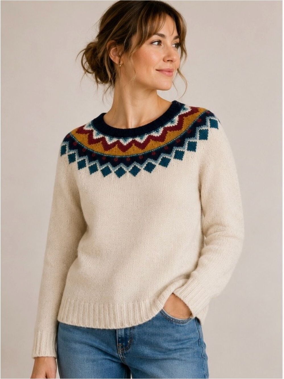 Garnet Hill Fairisle Wool Blend Knit  Long Sleeve Sweater. Size Medium